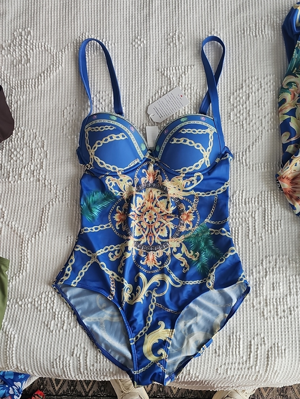 Blue Chain & Medallion One-Piece Swimsuit with Structured Cups